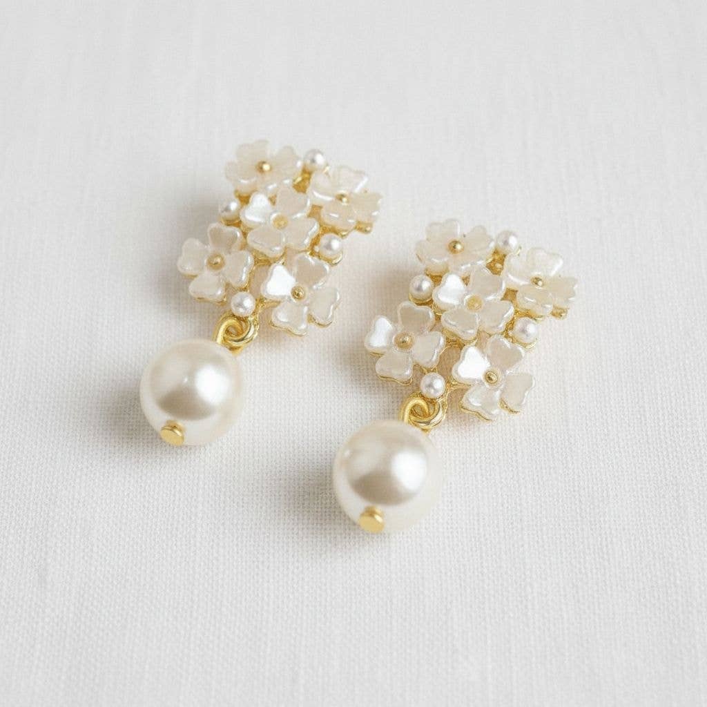 Ellemadera - Floral Pearl Drop Earrings with Vintage Charm