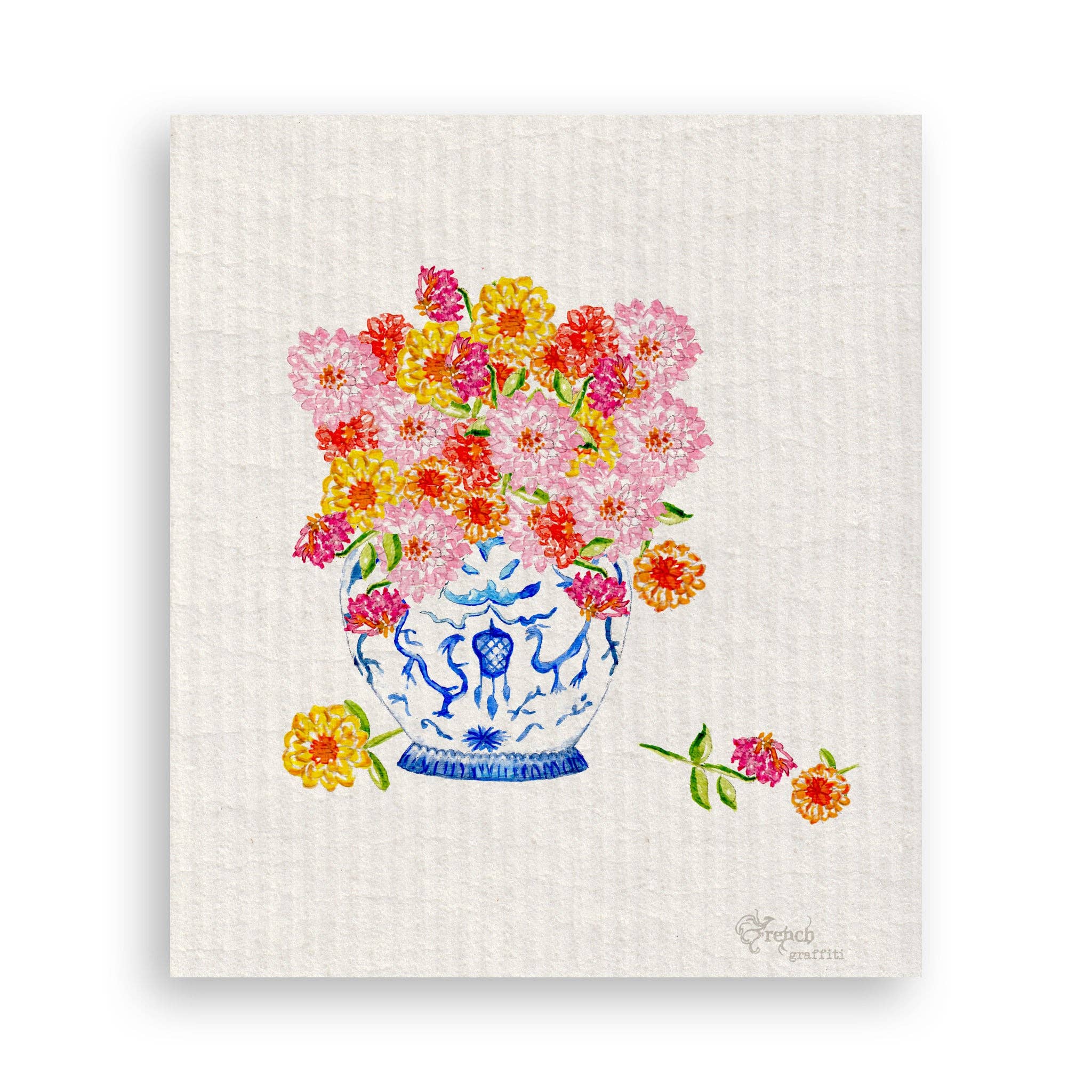 Oaks Apparel French Graffiti Ginger Jar with Zinnias Dishtowel - Thumbnail 3