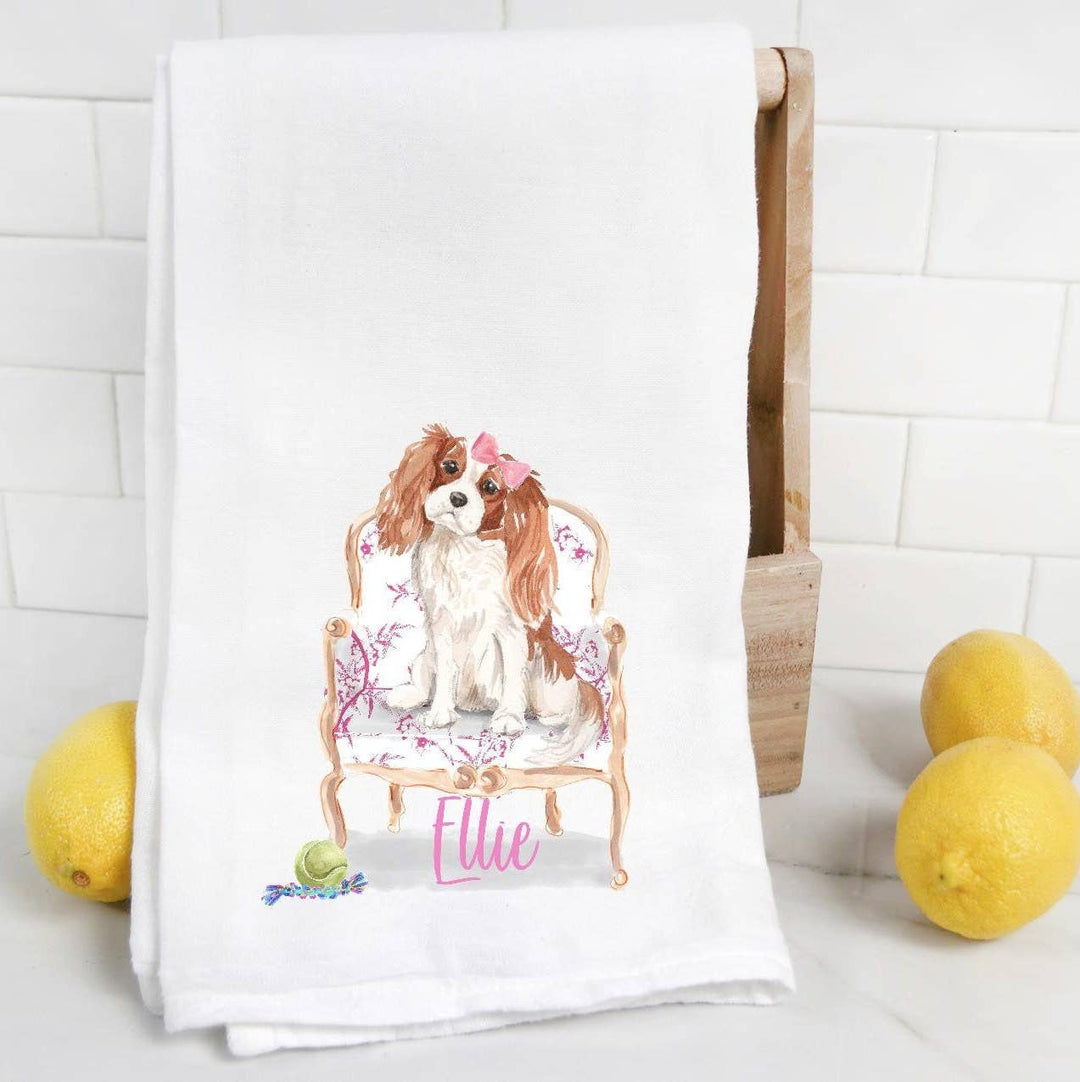 The Preppy Pineapple Home - Tan King Charles Spaniel Flour Sack Towel: No Accessory / Chinoiserie Chair