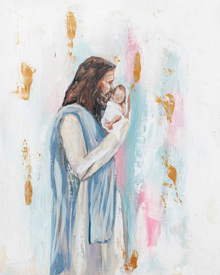 Mackenzie Kissell Art - Jesus and Baby 'I Knew You' in Acrylic Gold Frame 4x6: Pink/Blue Mixed