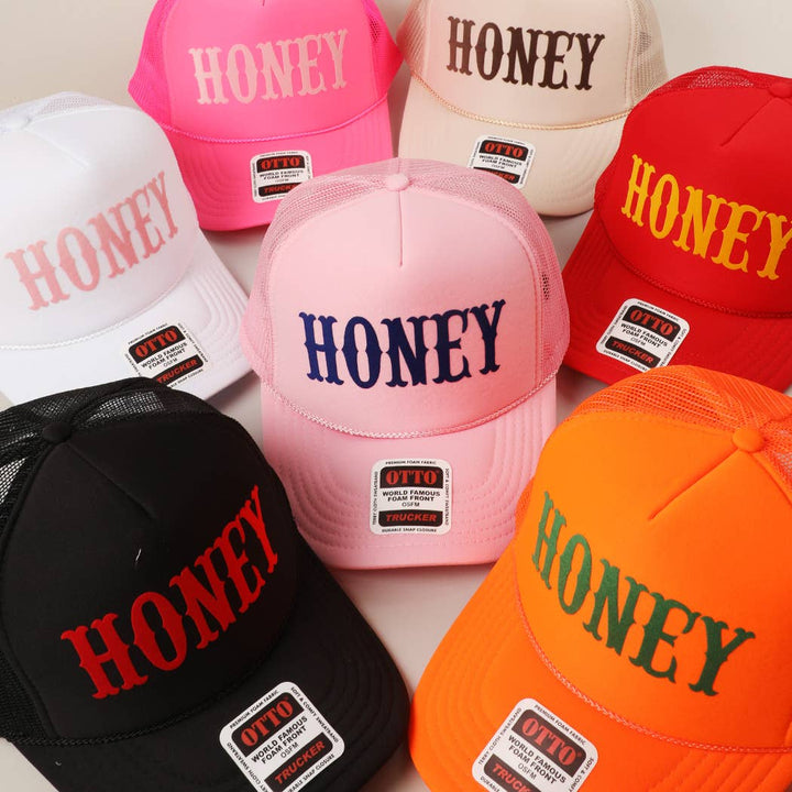 Fashion City - HONEY Text Logo Printed Mesh Back Trucker Hat: Pink / ONE SIZE