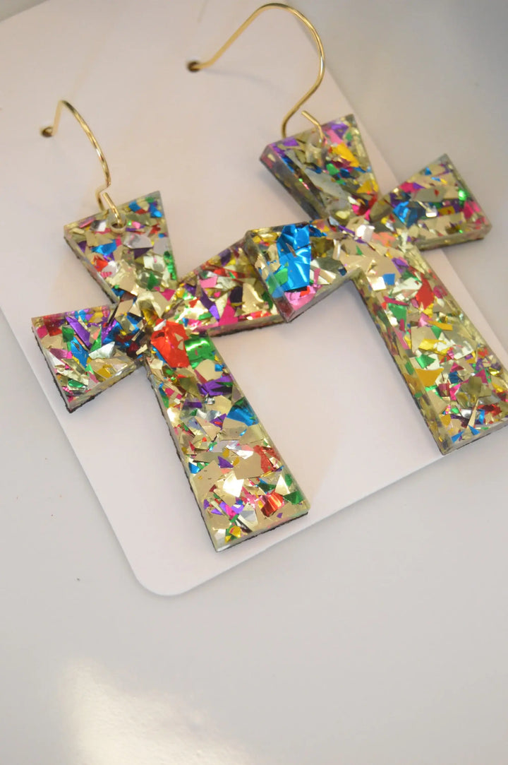 Germanic Cross Confetti Earrings, Gold Confetti Earrings: 2”