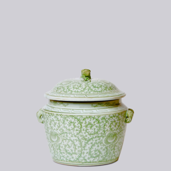 Cobalt Guild - Green and White Porcelain Scrolling Peony Lug Jar