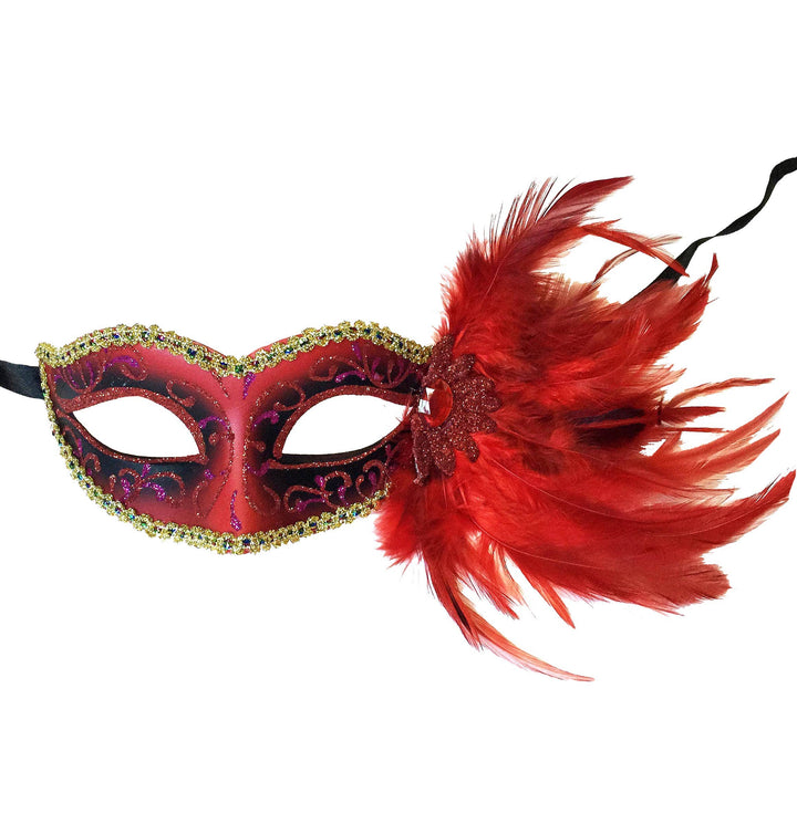 Mardi Gras Creations - Glitter Swirl Eyelet Mask With Side Feathers: Tan