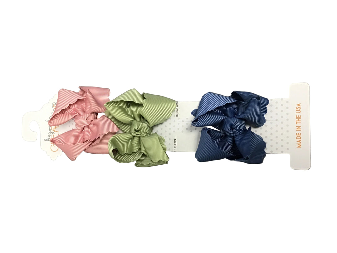 Beyond Creations, LLC - 3 PACK - 3" SMALL SCALLOPED EDGE BOW ON SNAP CLIP: Boho Pack - Mauve; Spring Moss; Smoke Blue