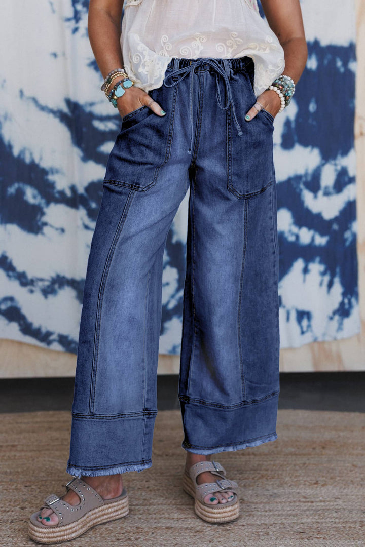 Drawstring Seam Detail Raw Hem Wide Leg Denim Pants: Beau Blue / 14