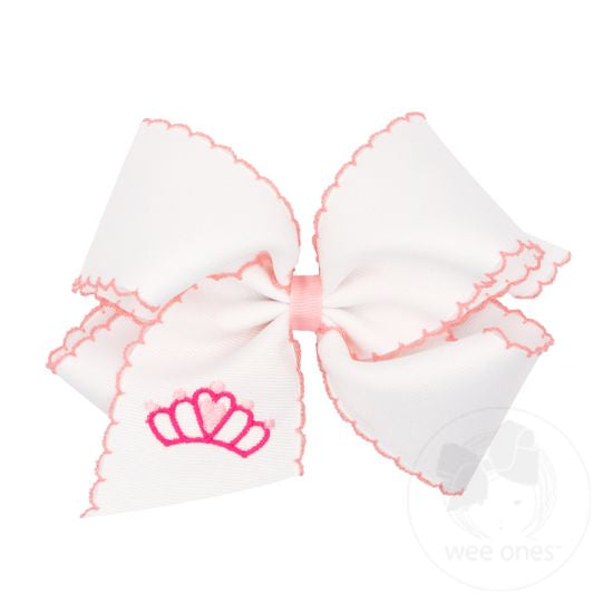 Wee One-Mini King Grosgrain Moonstitch Embroidered Crown Girls Hair Bow