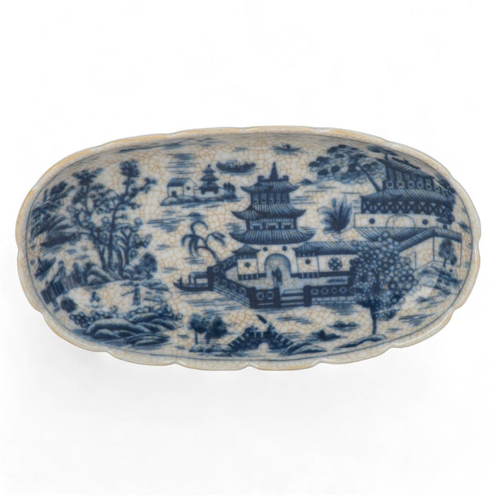 PORCELAIN DISH WITH BRONZE FEET -BLUE WILLOW