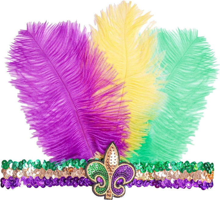 The Mardi Gras Krewe - Mardi Gras Sequin Headband with Feathers, Mardi Gras Accessories, Green Purple and Yellow Feather Headband with Fleur-de-lis