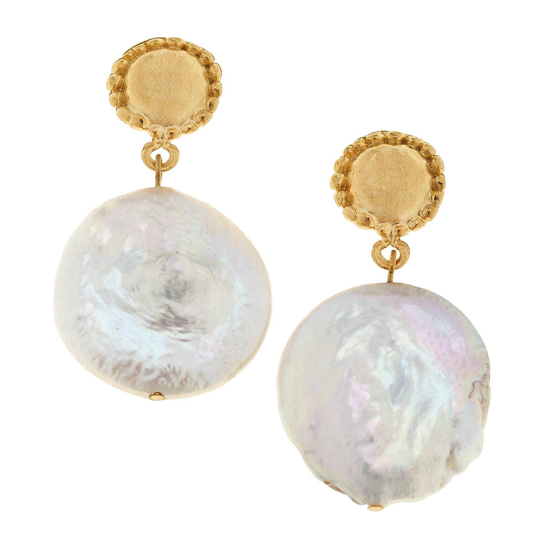 Susan Shaw - Gold Cab and Large 20mm Genuine Freshwater Coin Pearl Earrin