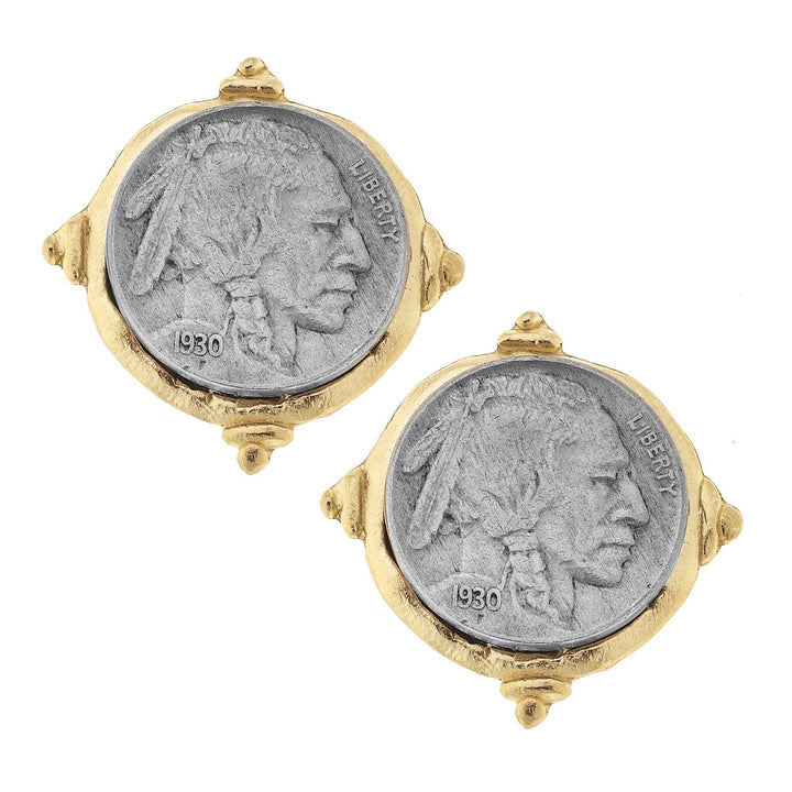 Susan Shaw - Gold and Silver Vintage Buffalo Head Coin Earrings