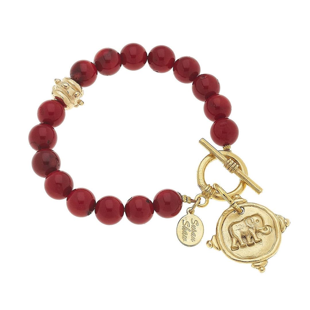 Susan Shaw - Gold Elephant on Red Coral Bracelet