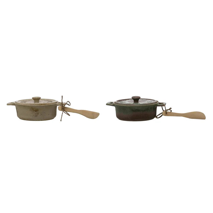 S/2 7"Rnd x 3-1/4"H Stoneware Brie Baker, Spreader, 2 Colors