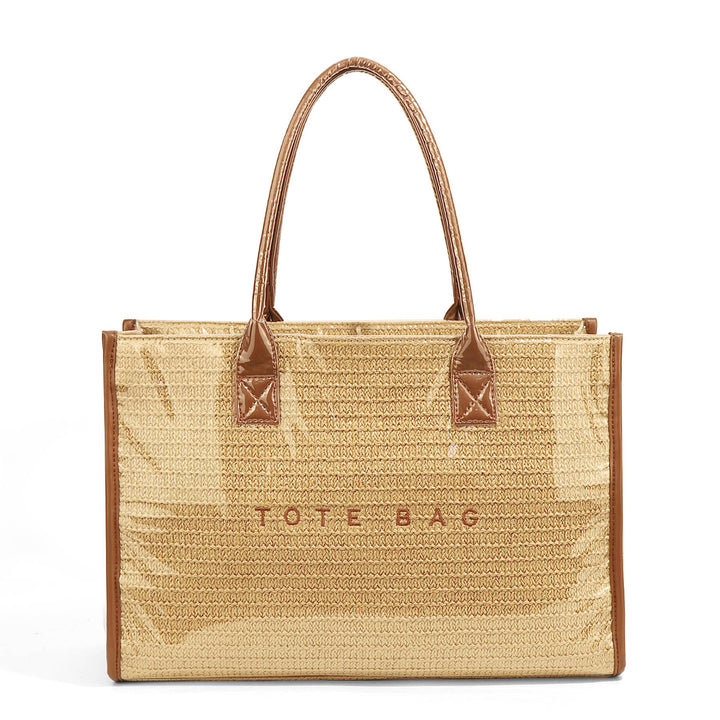 MKS America - PVC Straw Print Tote Bag Zip Waterproof Beach Bag: Brown / M