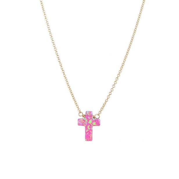bara boheme - "CROSS" Opal Necklace - Small: Bubble gum / 14KG FILLED