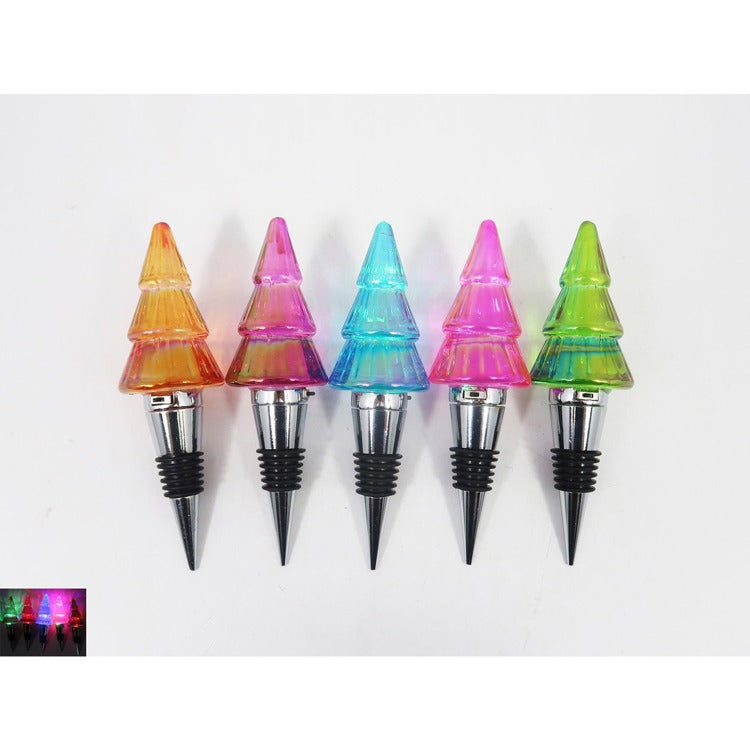 Lit Tree Shape Bottle Stopper, 5 Asst, 3-LR44 Batteries Incl, Glass/Metal, 6"
