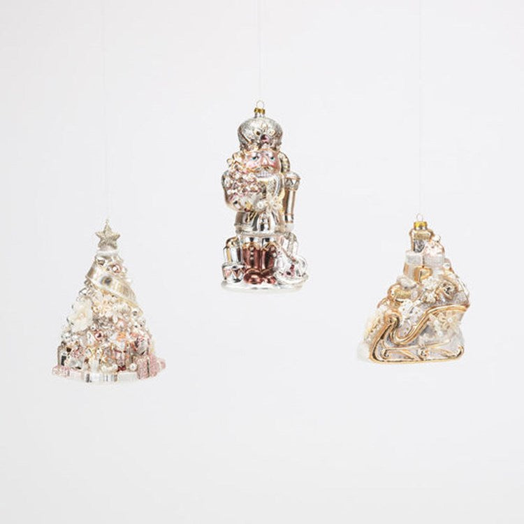 Nutcracker, Tree & Sleigh Orn, Neutral, 3 Asst, Glass, 6" - 7.5"