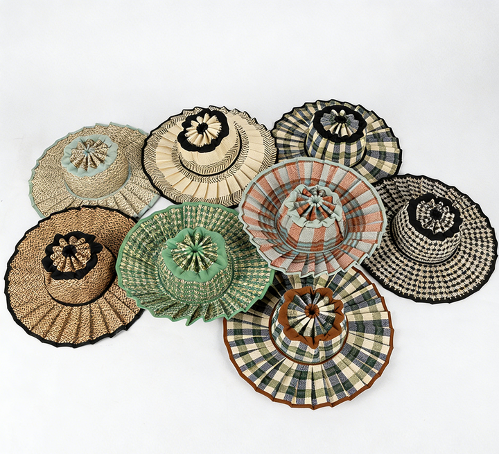 MKS America - Boho Checkered Straw Hat Foldable Beach Sun Hat: TGrass / M