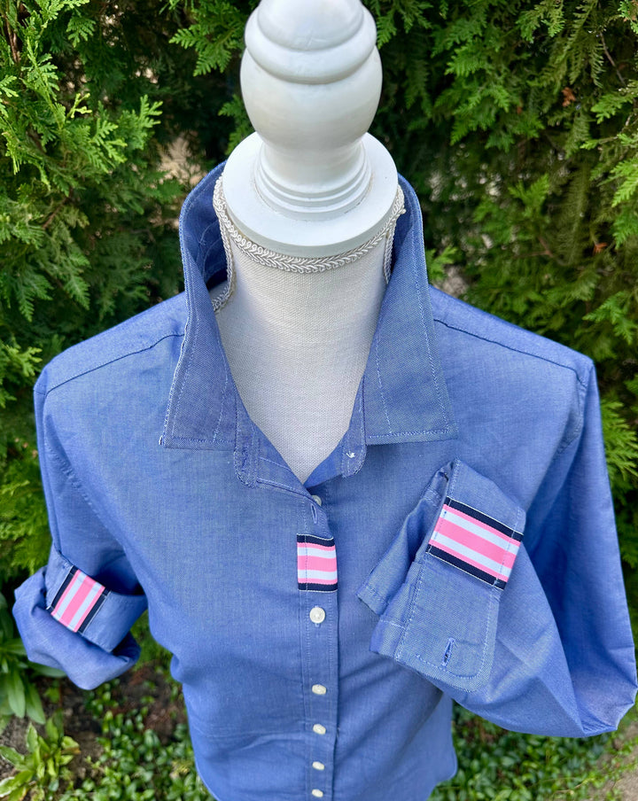 Pearly Vine - Casie 2 - Navy Oxford w/Navy, White & Pink Stripe Ribbon: Navy w Blue White & Pink Stripe Ribbon / L