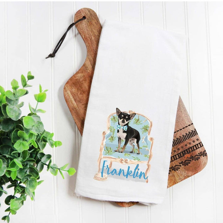 The Preppy Pineapple Home - Custom Black Chihuahua  Flour Sack Towel, Dog Mom, Dog Dad, Personalized Name, Pet Name Gift, Watercolor Pet Portrait, Floral Crown: No Accessory / Wingback Chair