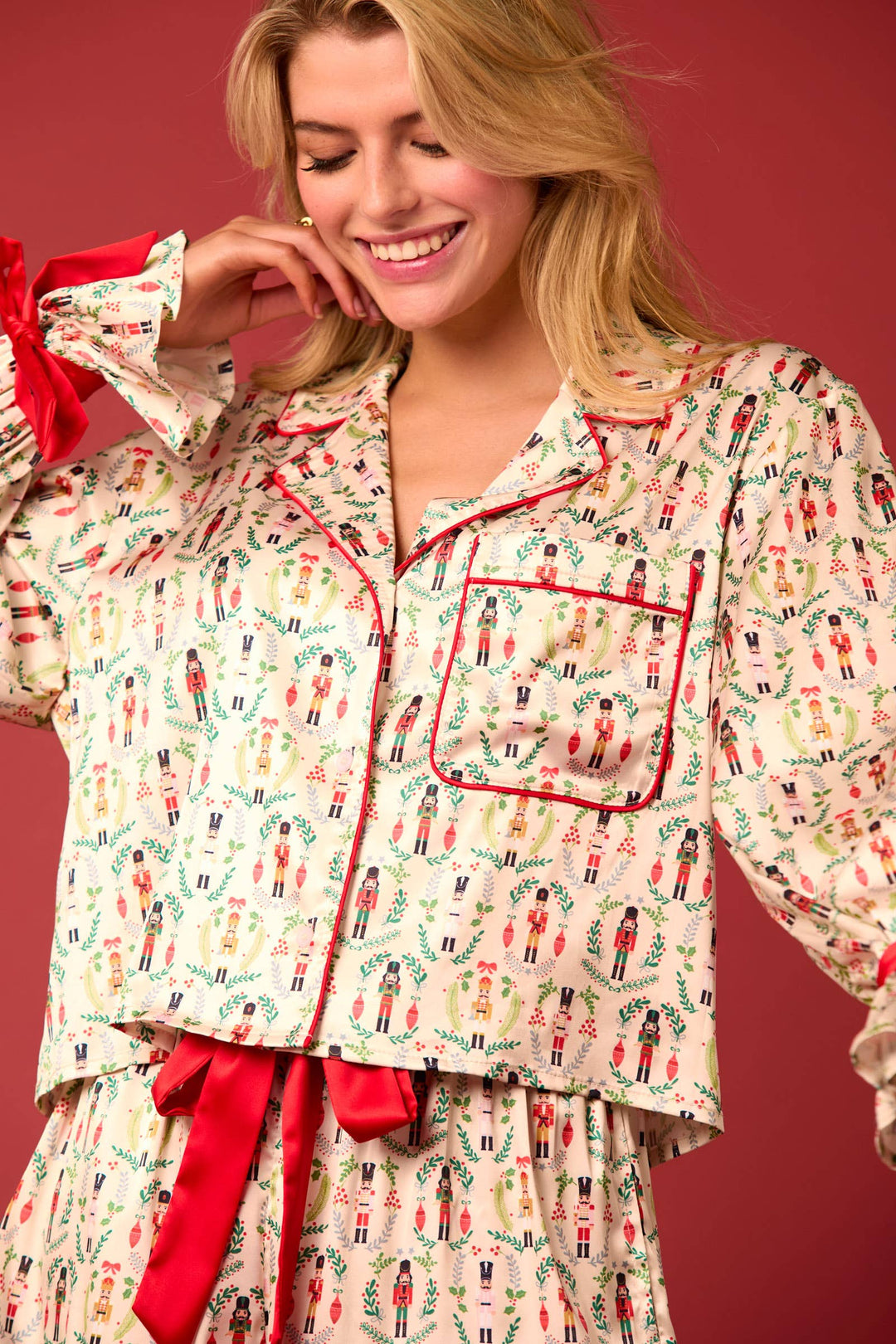 Peach Love California - Christmas Toy Soldier Prints Pajama Set - IVORY/RED/GREEN / M