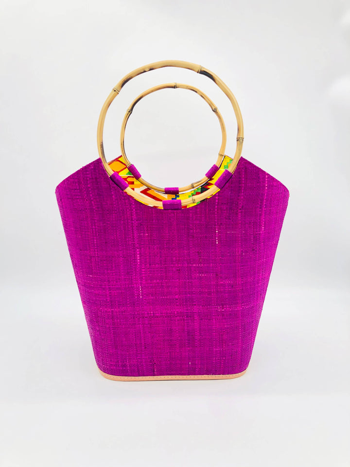 Shebobo - Carmen Solid & Stripes Straw Bucket Bag with Bamboo Handles: Natural