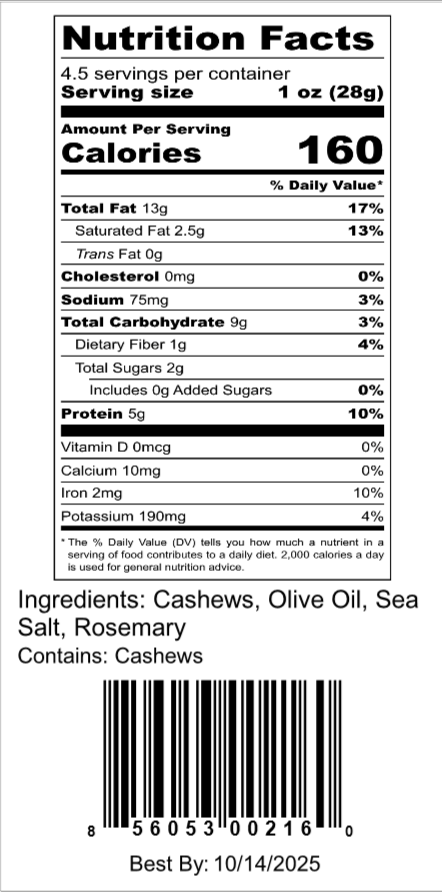 Q's Nuts, LLC - 4.5 oz Rosemary with Sea Salt Cashew