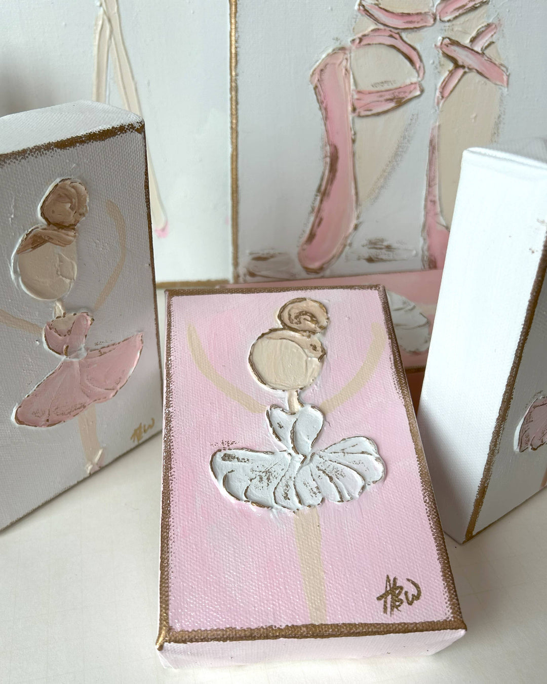 Coddiwomple - Ballerina canvas hand painted textured recital dance ballet: White back & pink dress / 4x6 gallery profile canvas / Light skin & lt. brown hair