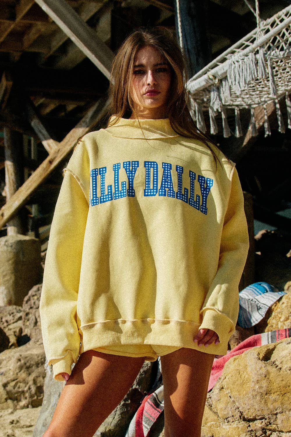 BUCKETLIST INC - IT2594-DILLYDALLY2 | Reversible Mockneck Sweatshirt: Butter Yellow / S/M-L/XL (3-3)