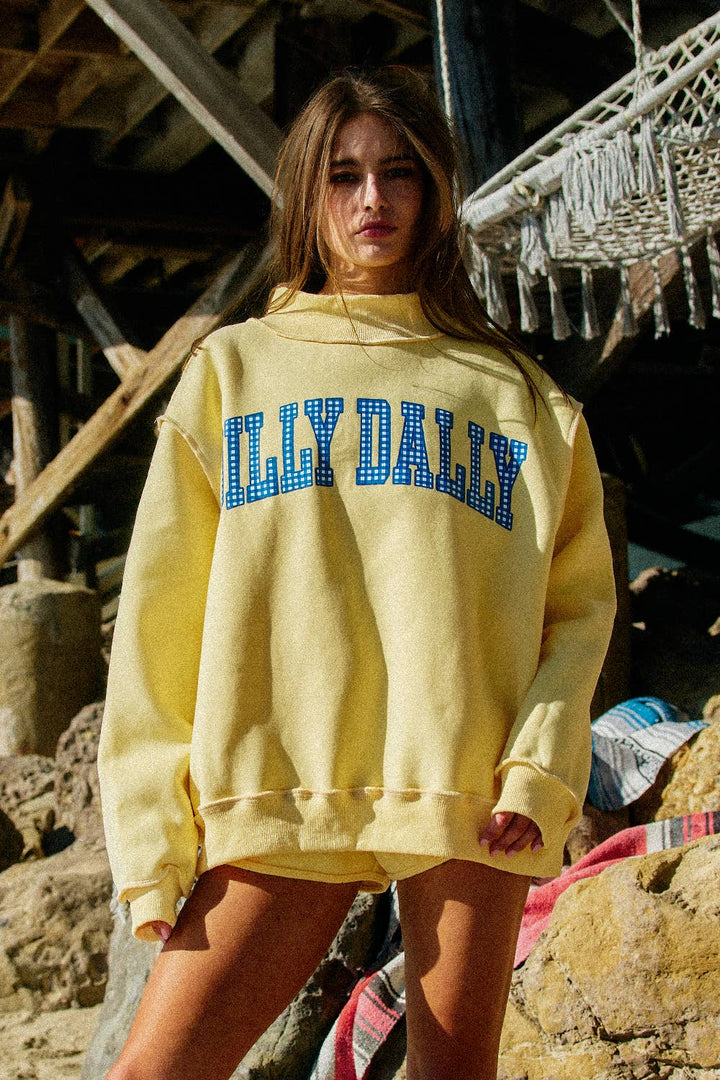 BUCKETLIST INC - IT2594-DILLYDALLY2 | Reversible Mockneck Sweatshirt: Butter Yellow / S/M-L/XL (3-3)