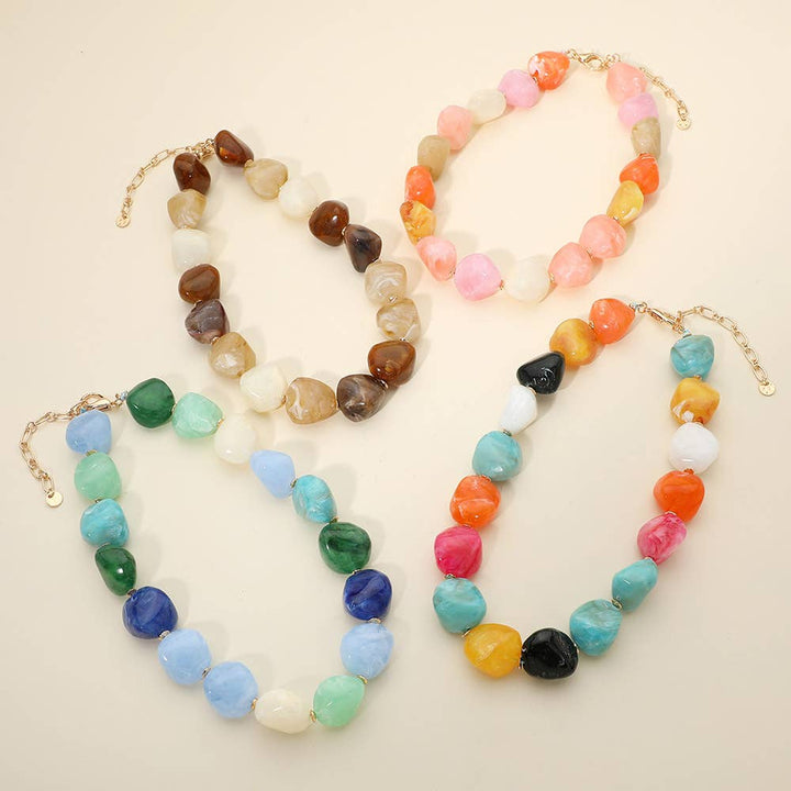Sensibling Corp. - Chunky Marbled Resin Pebble Beaded Statement Necklace: Pink