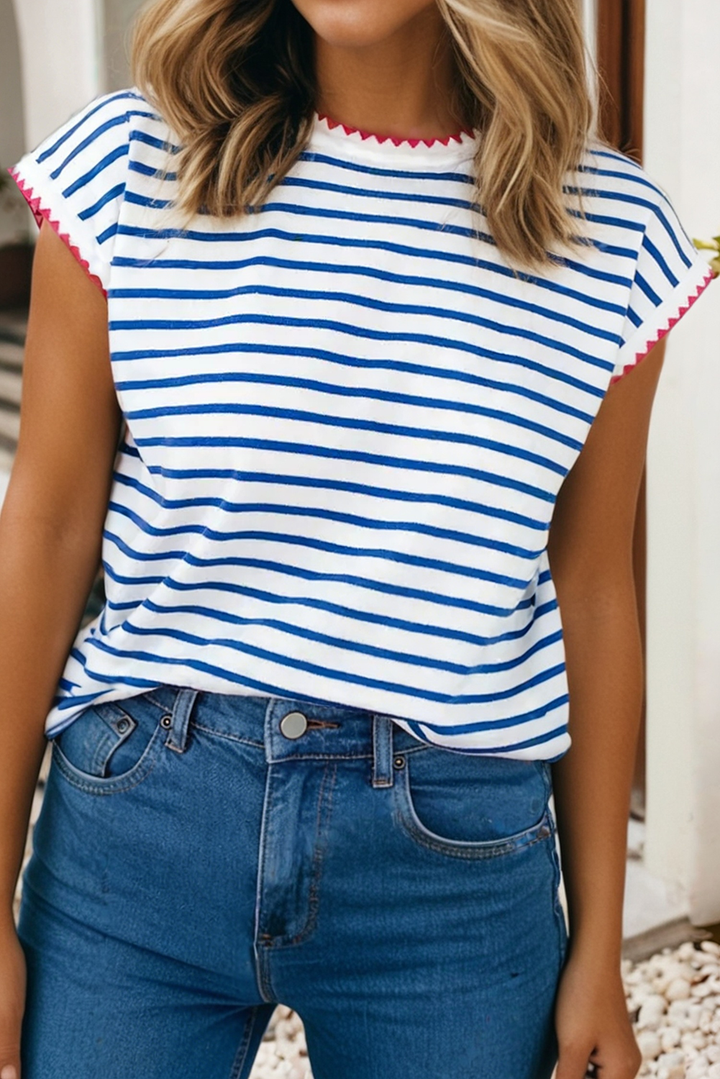 Stripe Contrast Trim Round Neck Cap Sleeve Tee: Blue Stripe / S