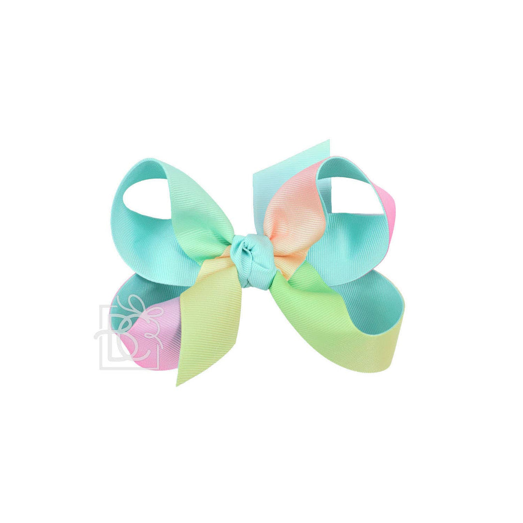 Beyond Creations, LLC - LAYERED RAINBOW BOW ON CLIP: 4" Med/Lg - 7/8" & 7/8" Ribbon on Alligator Clip / SHELL PINK/RAINBOW