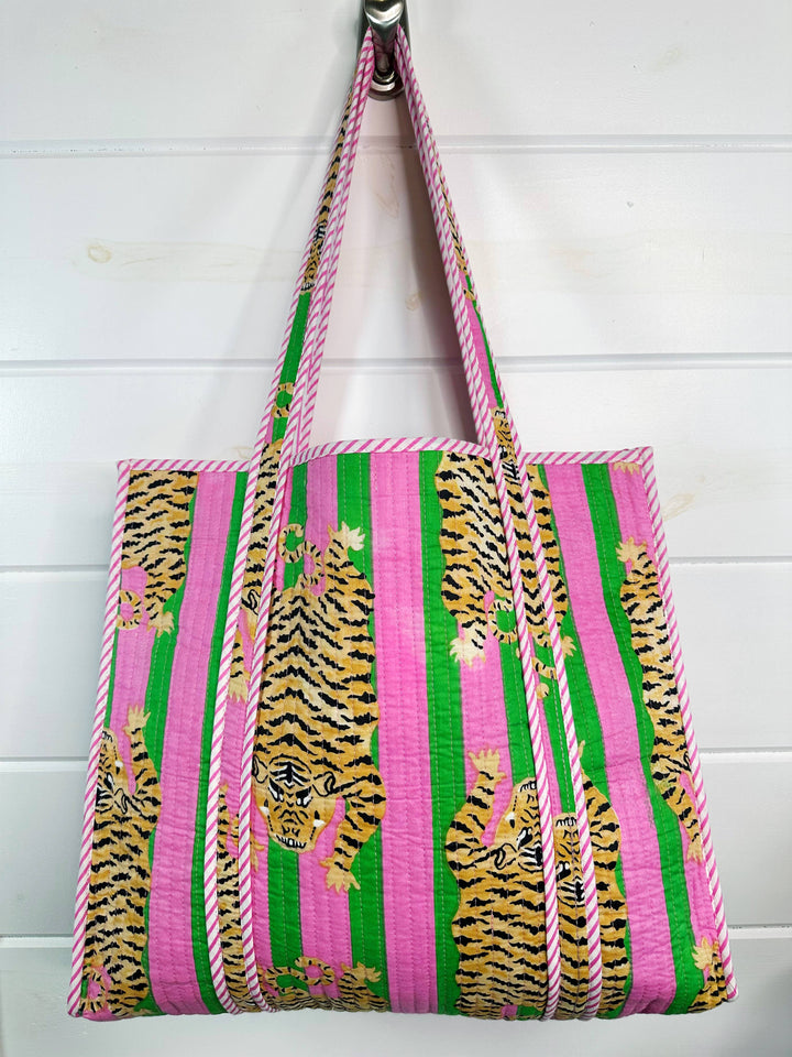 Folklore Couture - Quilted Tote Bag | Tiger Print Bag | Large Shopping Tote Bag