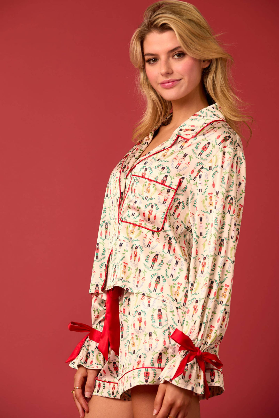 Peach Love California - Christmas Toy Soldier Prints Pajama Set - IVORY/RED/GREEN / M
