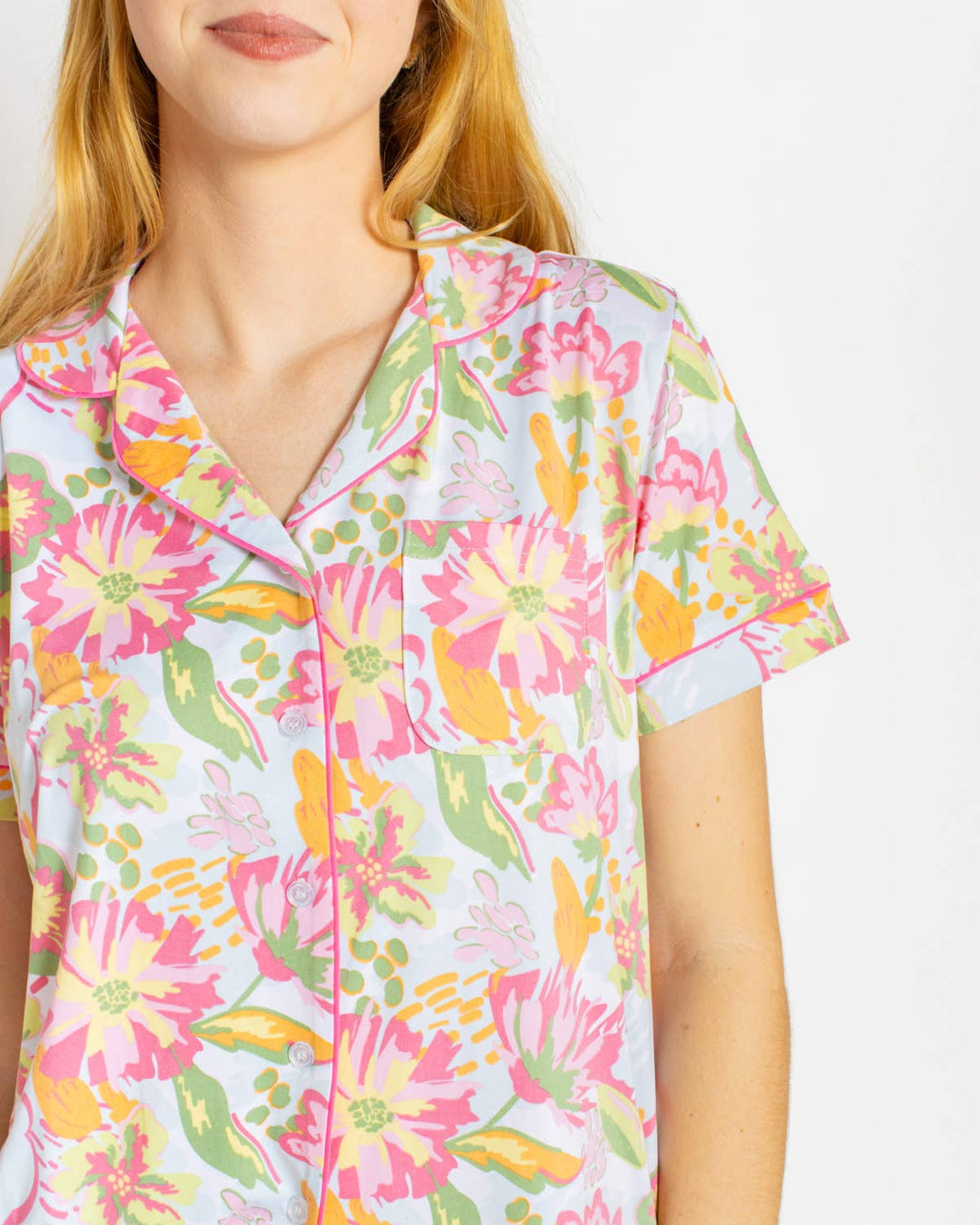 The Royal Standard - Summer Bouquet Short Sleeve Button Up Sleep Shirt   Pink/Blue/Multi   -Asst.: Large
