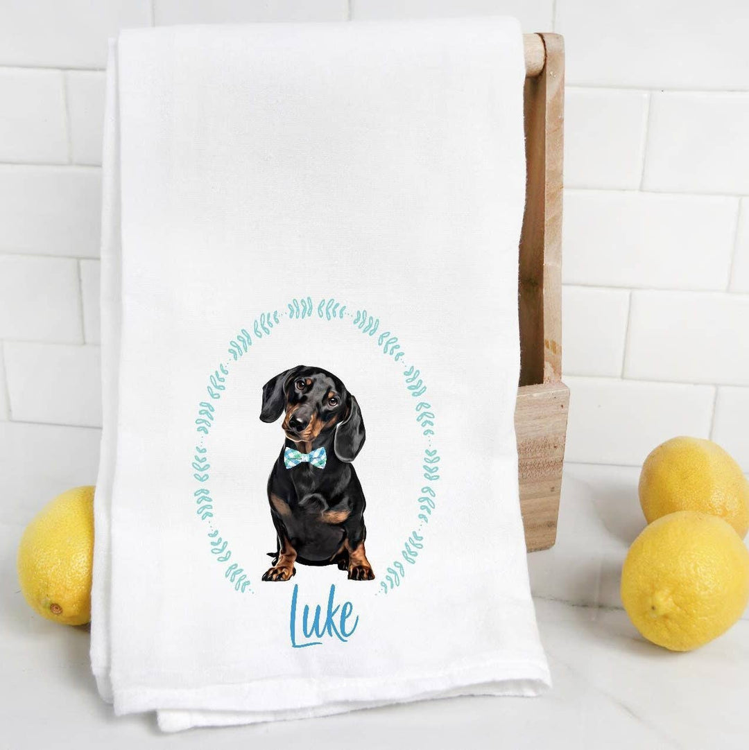 The Preppy Pineapple Home - Custom Black Dachshund Flour Sack Towel with Pet Name: No Accessory / Palm Chair