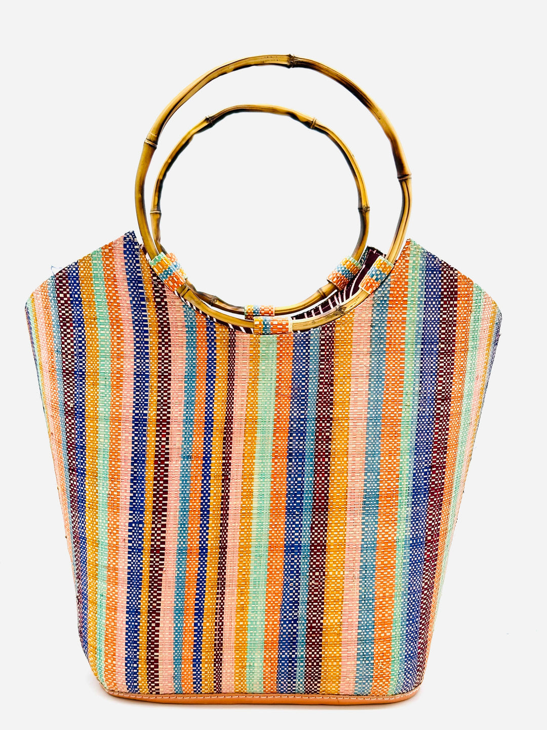 Shebobo - Carmen Solid & Stripes Straw Bucket Bag with Bamboo Handles: Natural