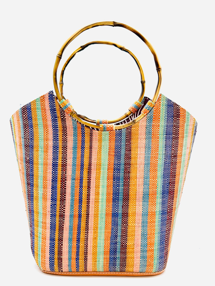 Shebobo - Carmen Solid & Stripes Straw Bucket Bag with Bamboo Handles: Natural