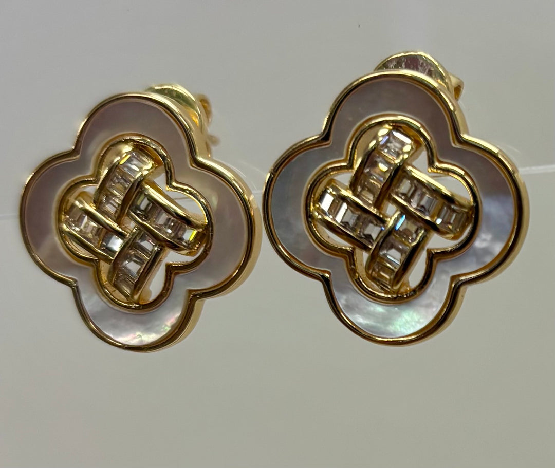 Mother of Pearl Inlay Quatrefoil with Baguette CZ Woven Center Earring