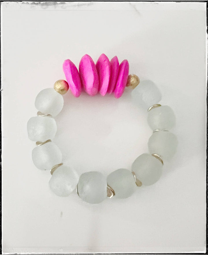 GentrybyJenna - African Bone & Recycled Glass Bead Stretch Bracelet- Pink: 7”