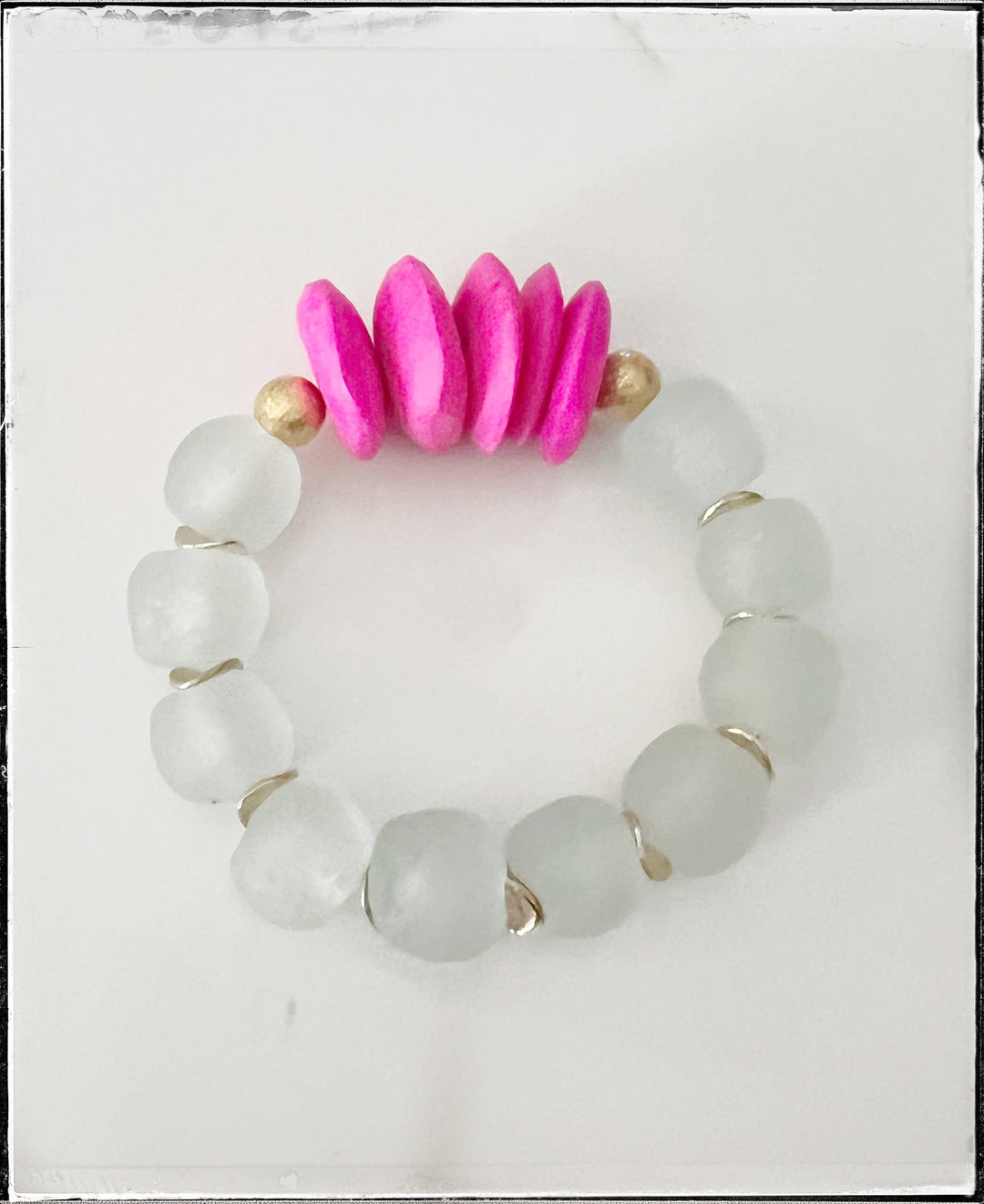 GentrybyJenna - African Bone & Recycled Glass Bead Stretch Bracelet- Pink: 7.5”