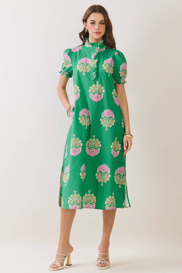 TCEC - CD06970-Floral Print Ruffle Collar Button Down Midi Dress: Green / S