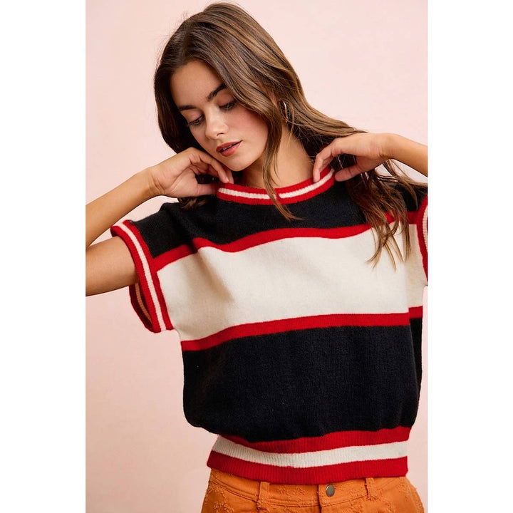 BiBi - GAMEDAY THEME COLORBLOCK REALXED FIT KNIT TOP: BLACK/RED / M