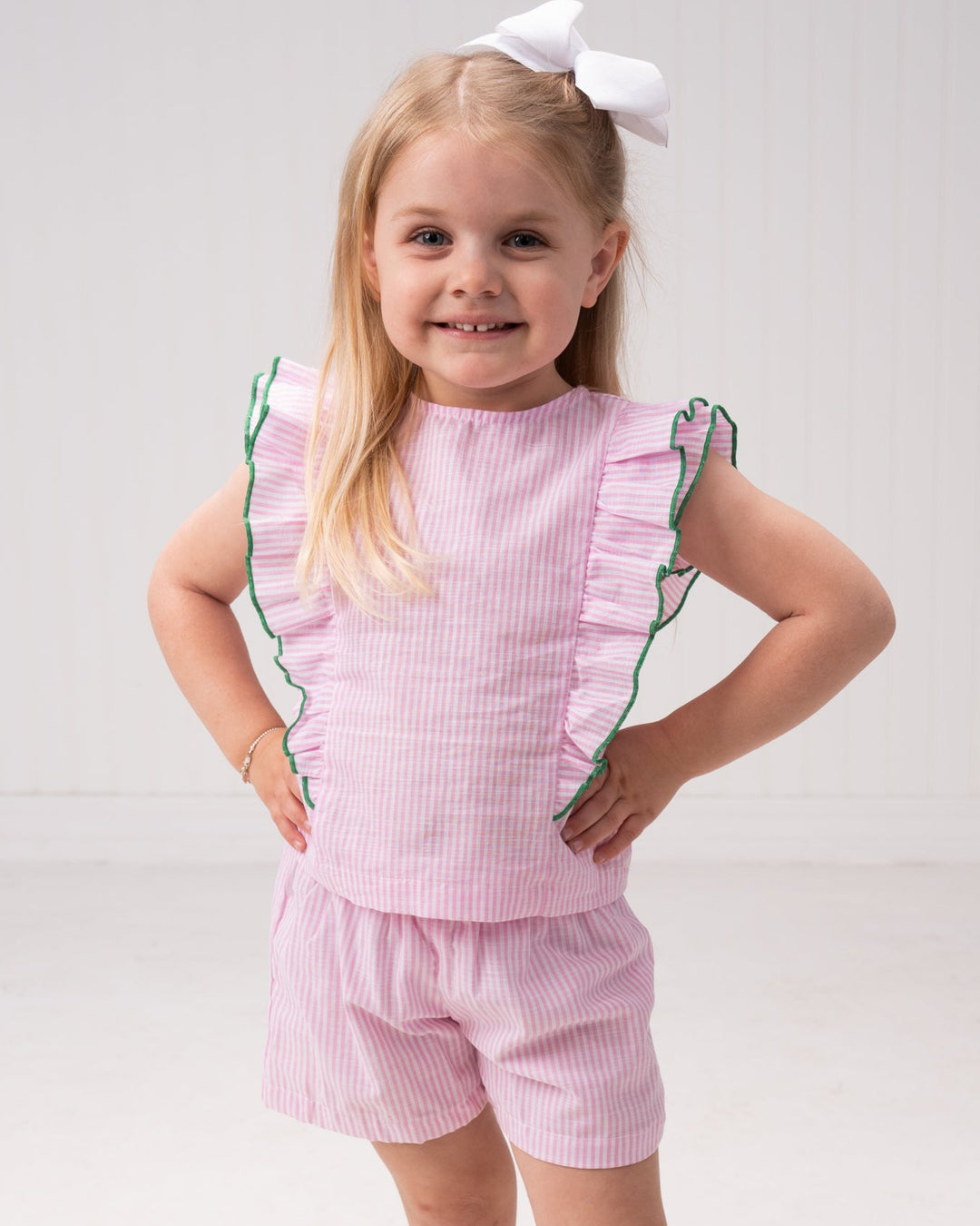 Frances Pink Stripe w/ Green Trim Romper