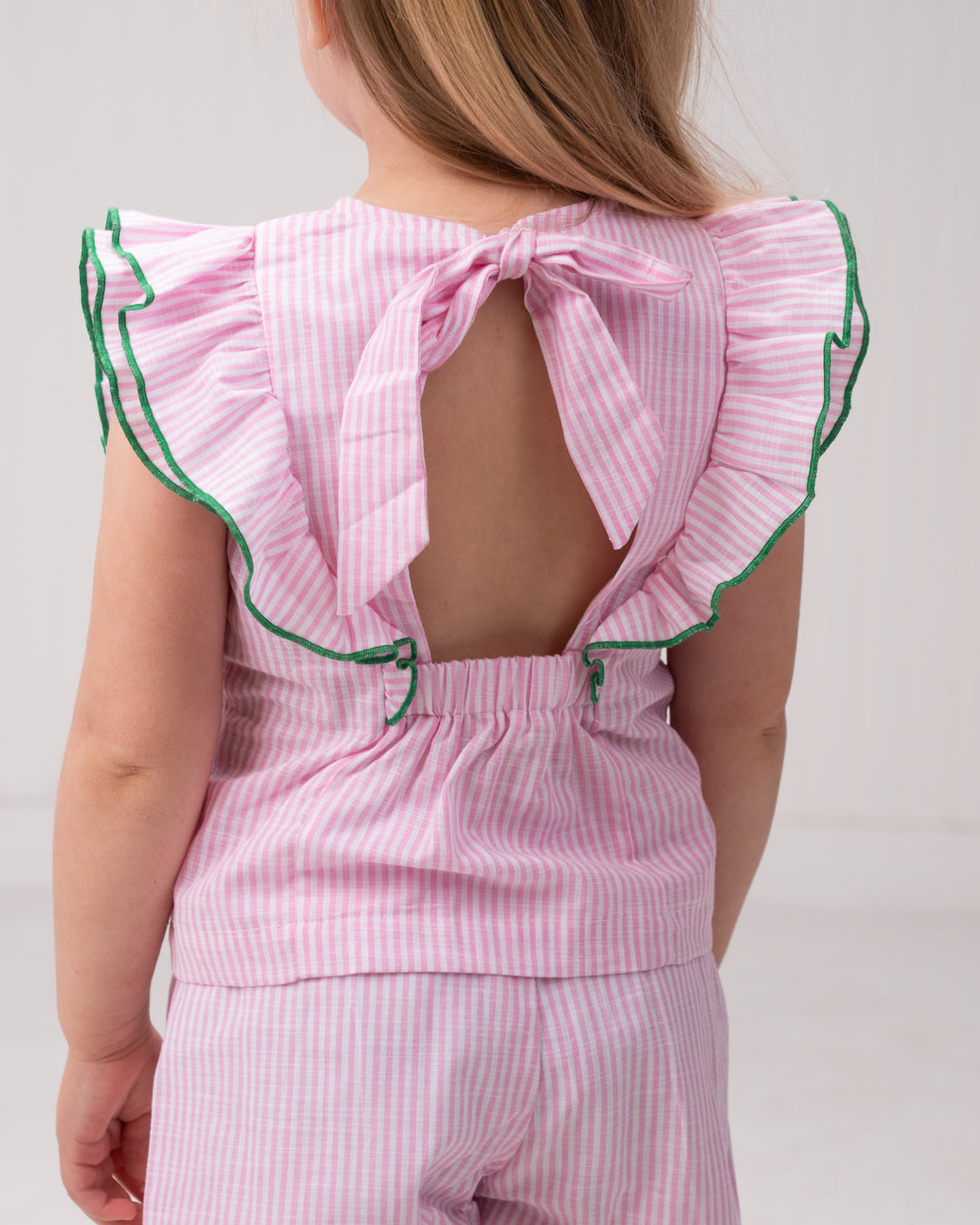 Frances Pink Stripe w/ Green Trim Romper