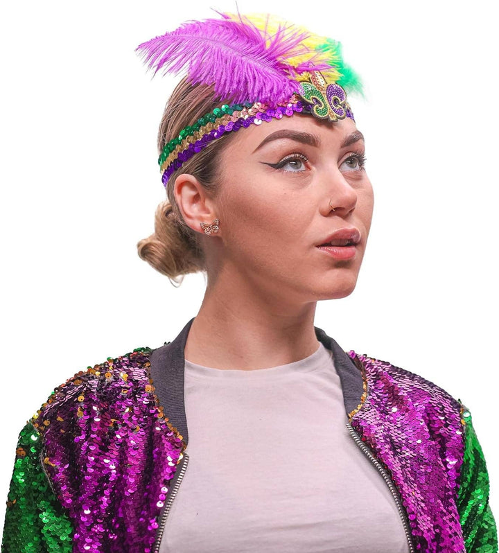 The Mardi Gras Krewe - Mardi Gras Sequin Headband with Feathers, Mardi Gras Accessories, Green Purple and Yellow Feather Headband with Fleur-de-lis