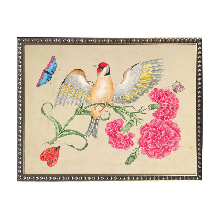 Antique Curiosities Inc - Bookplate E with birds on a distressed background: Beaded gold frame 1315-70 / 10" X 8"