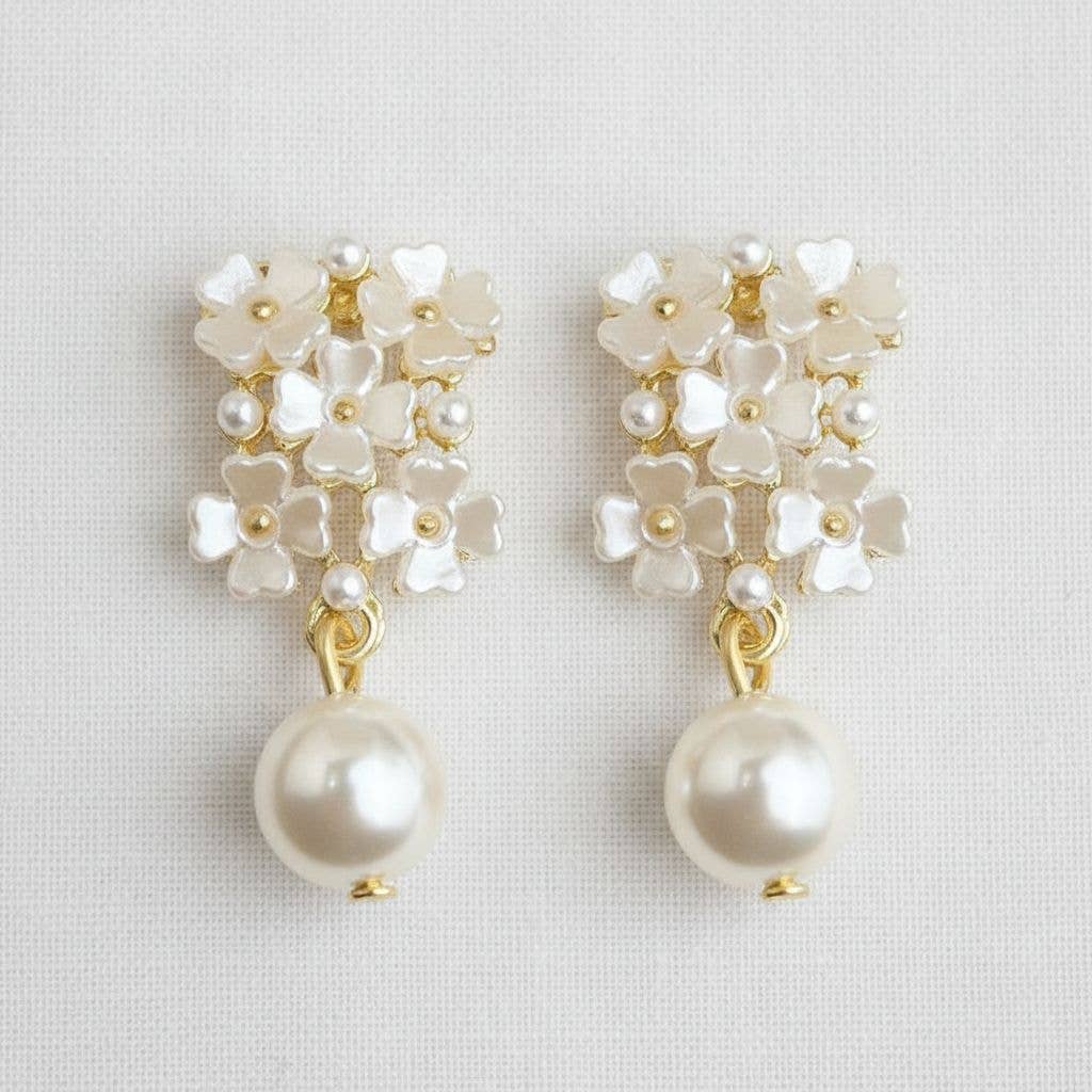 Ellemadera - Floral Pearl Drop Earrings with Vintage Charm