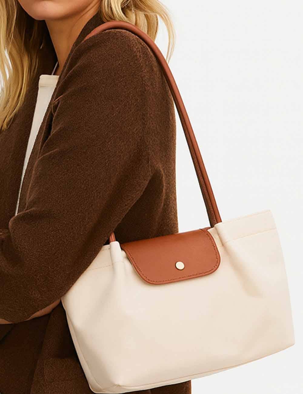 Sweetkama - Ladies Color Block Handbag Double Shoulder Strap Tote Bag: Ivory / One Size